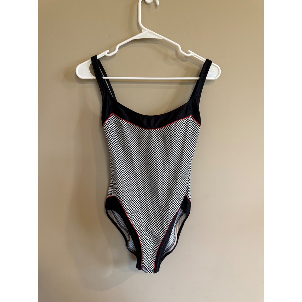 Gotttex Black White Checkerboard One Piece Swimsuit Red Trim Built-in Bra Women
